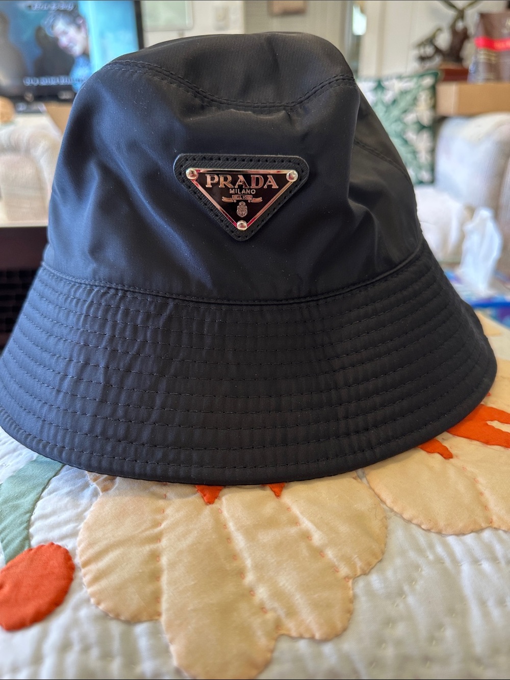 Classic Prada Black Nylon Bucket Hat with Triangular Logo Plaque